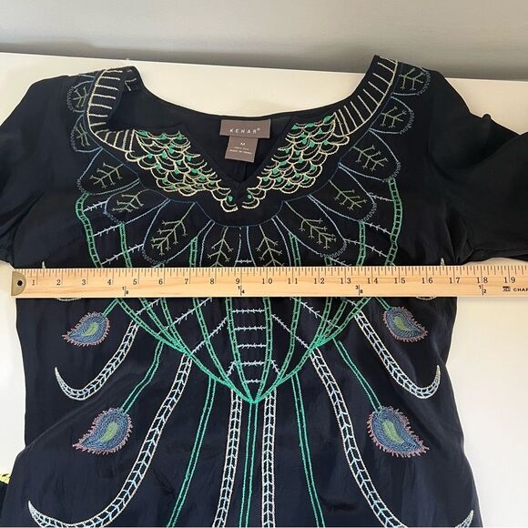 Vintage Kenar Silk Dress Embroidered Peacock Size Medium Fairy Whimsigoth - Picture 5 of 8